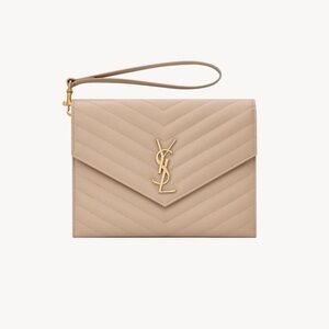 YSL Saint Laurent Dark Beige Grain de Poudre Leather Clutch Wristlet $850